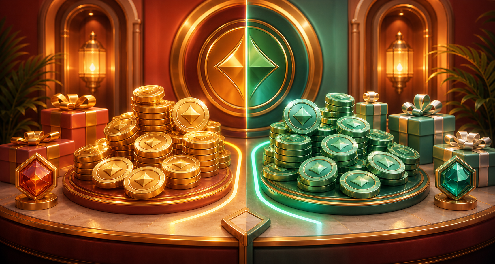 Separated reward coin paths with gifts and jewel tokens