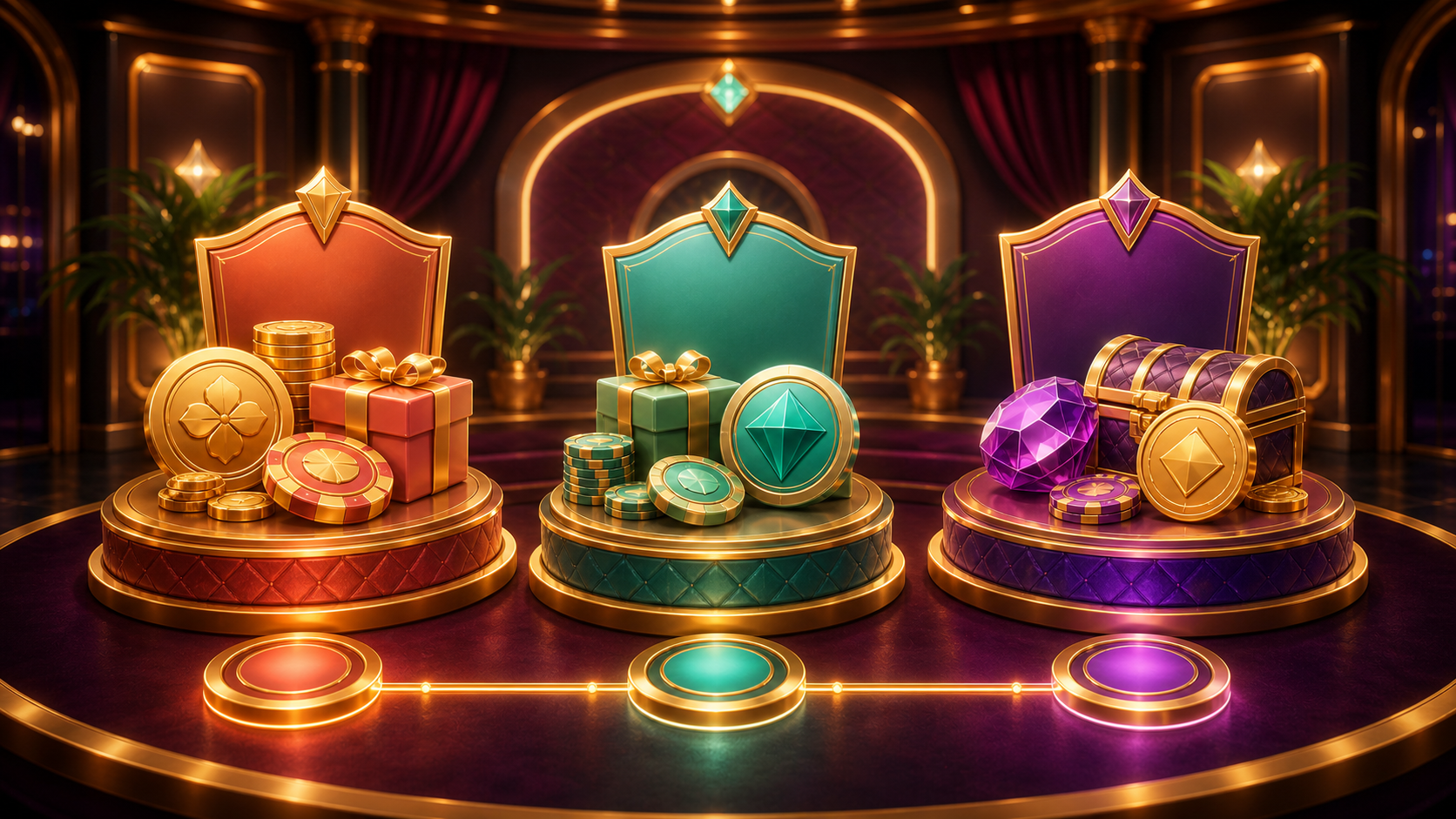 Three reward pedestals with abstract coin bundles and gifts