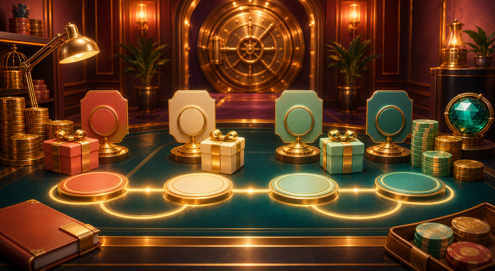 Reward workstation with glowing token route and vault door