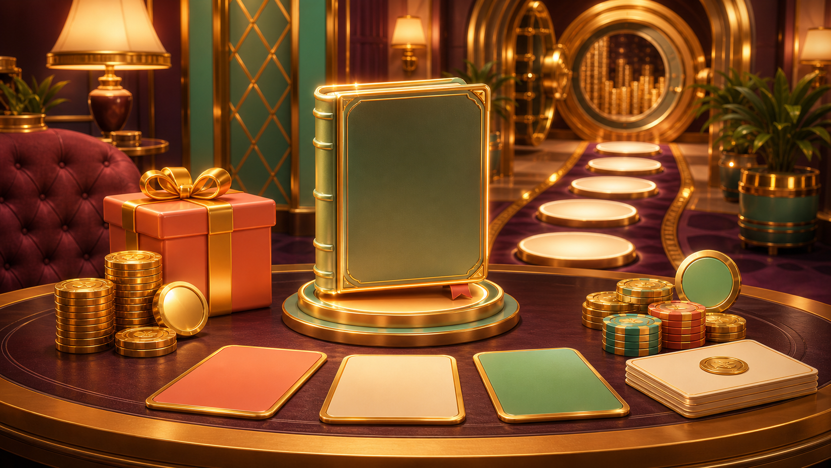 Casino reward desk with blank rule object and coin stacks