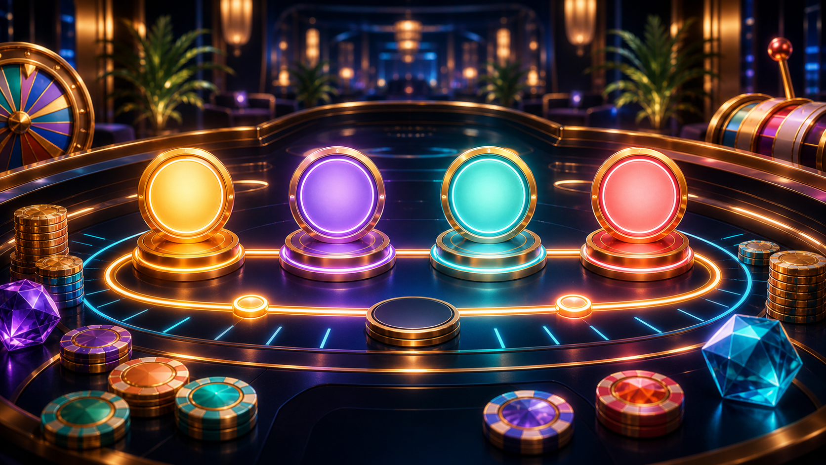 Casino planning console with abstract checkpoint tokens and coins