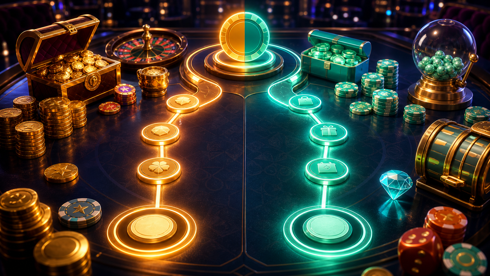 Two casino coin mode paths with abstract tokens and neon lights