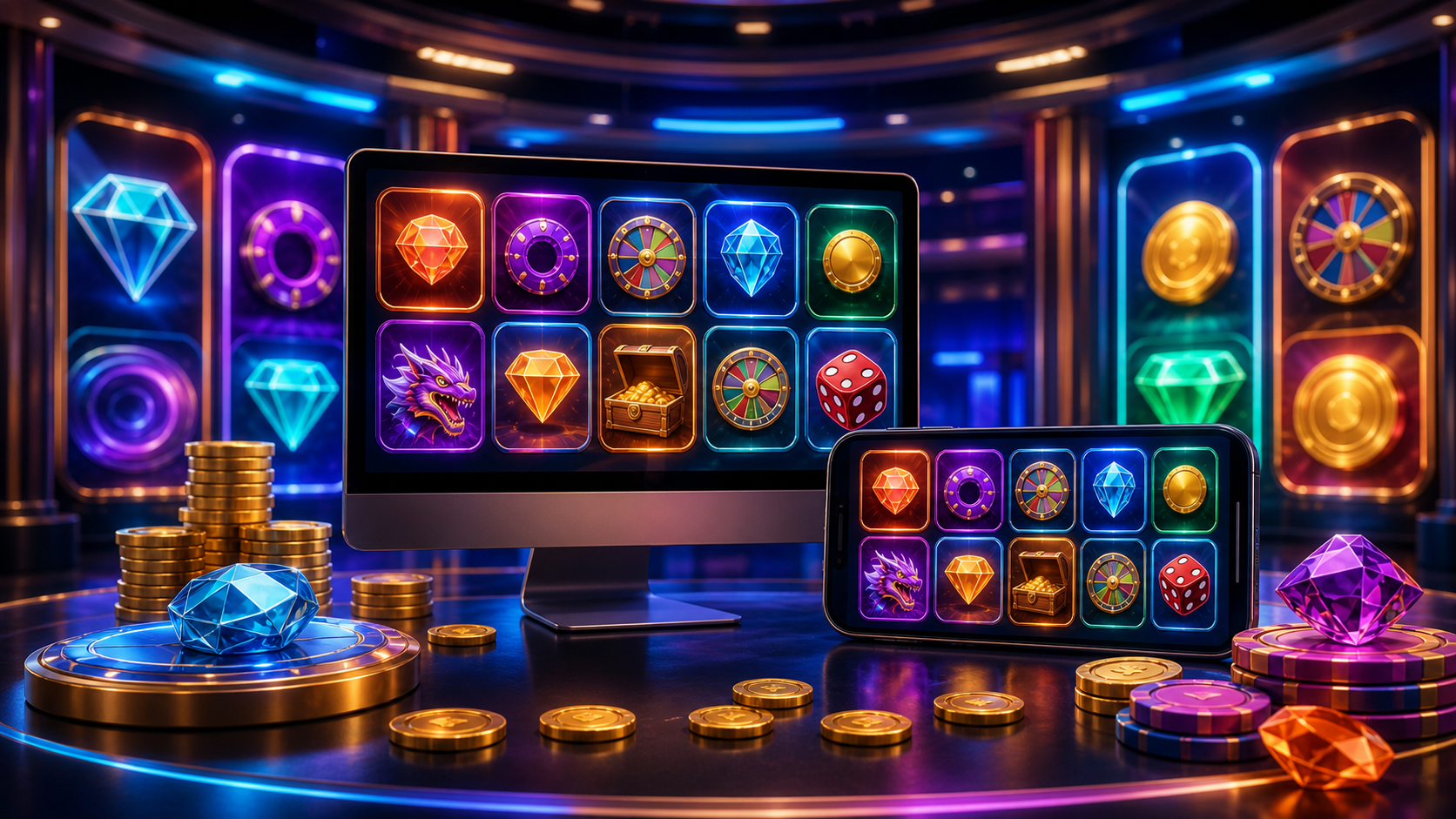 Casino lobby screens with colorful icon tiles and premium game objects
