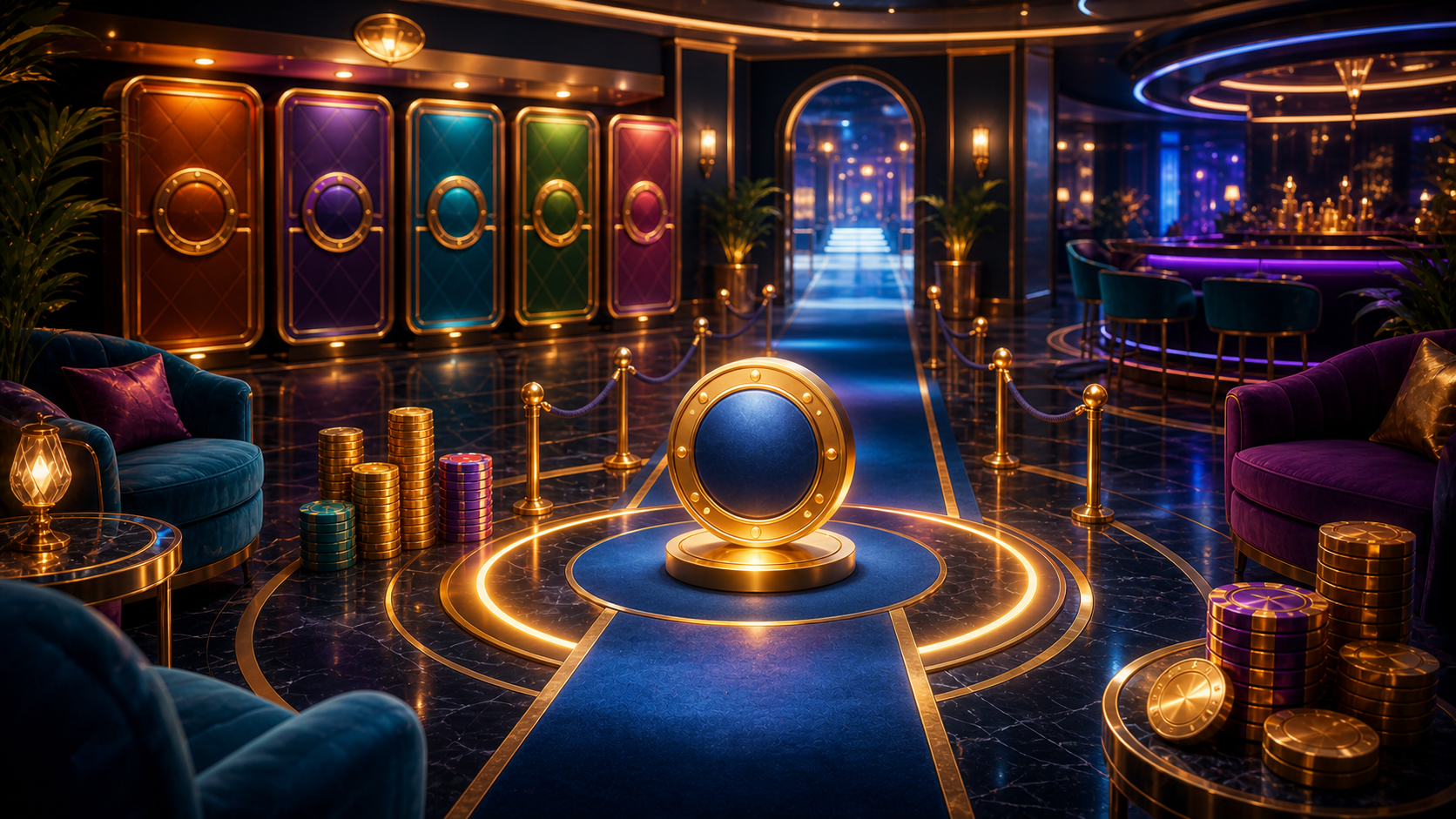 Calm casino lounge with a glowing route and resting game tokens