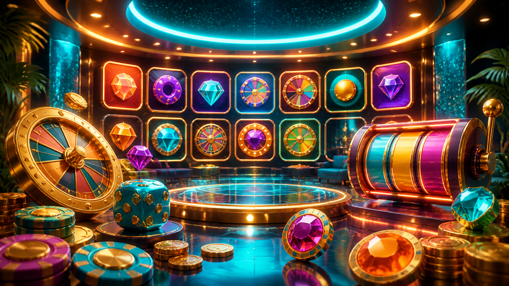 TheWinZone Casino games lounge with colorful game tiles and coin tokens