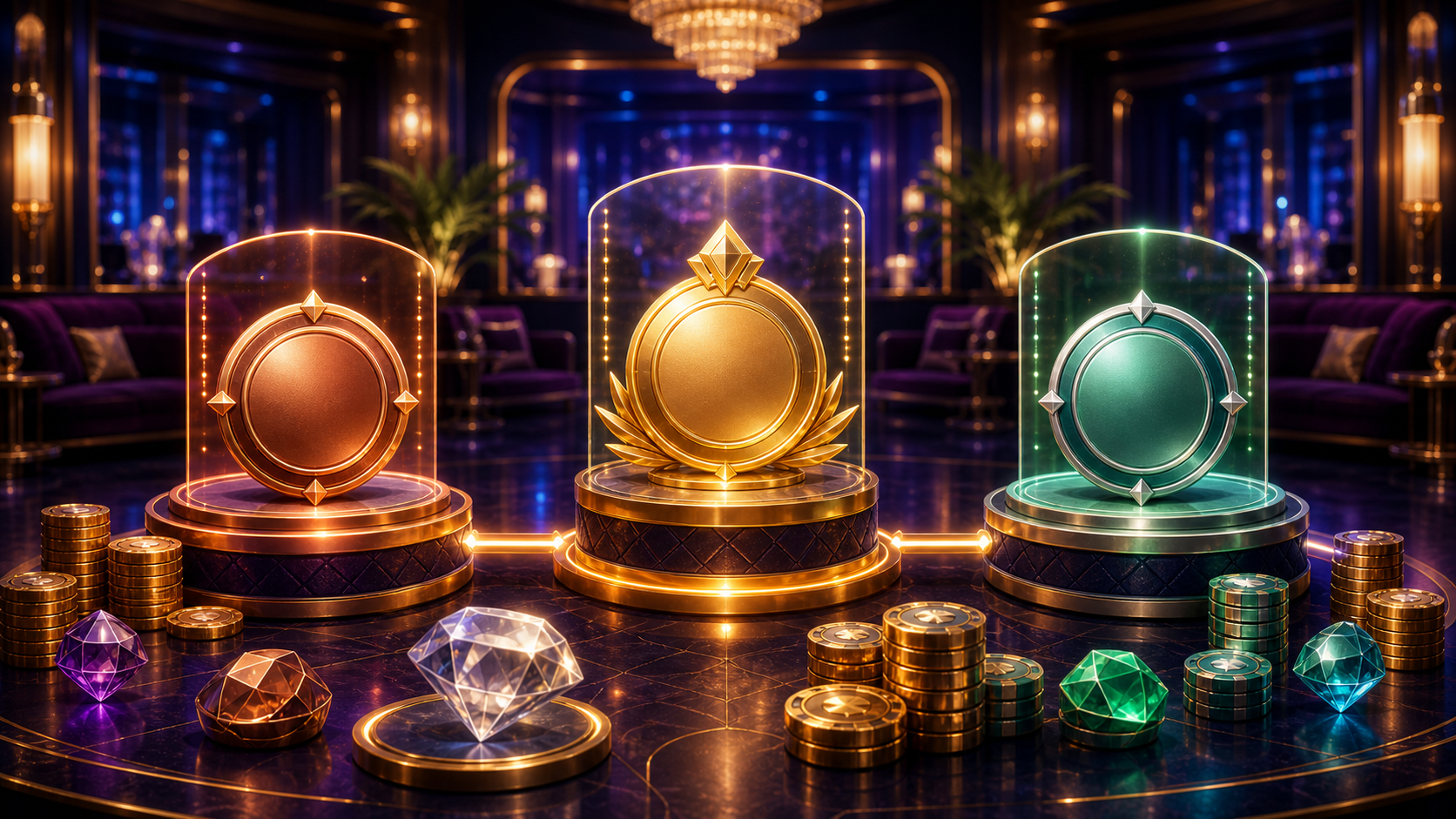 Three blank loyalty pedestals connected by a glowing path