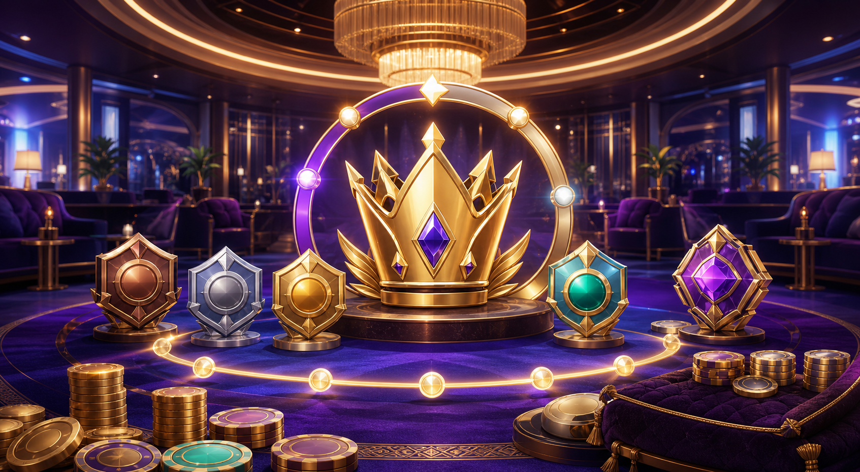 TheWinZone Casino VIP lounge with crown status emblem and coin rewards