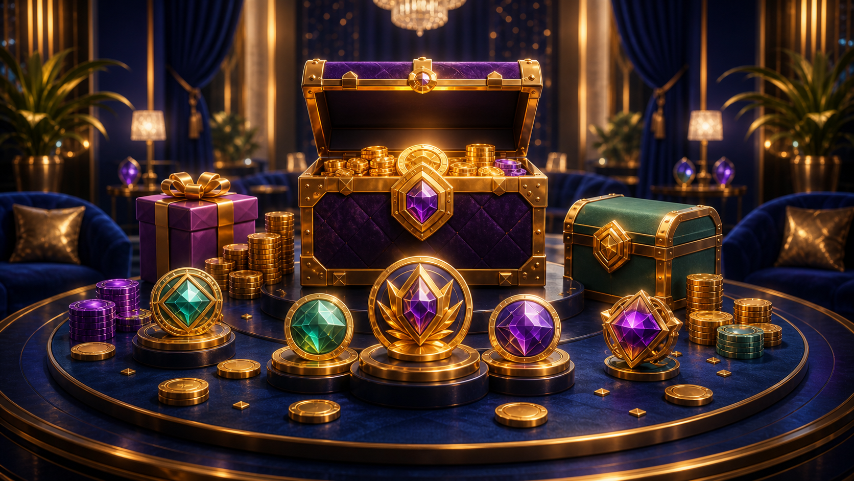 Premium VIP reward table with coins gifts and gemstone badges