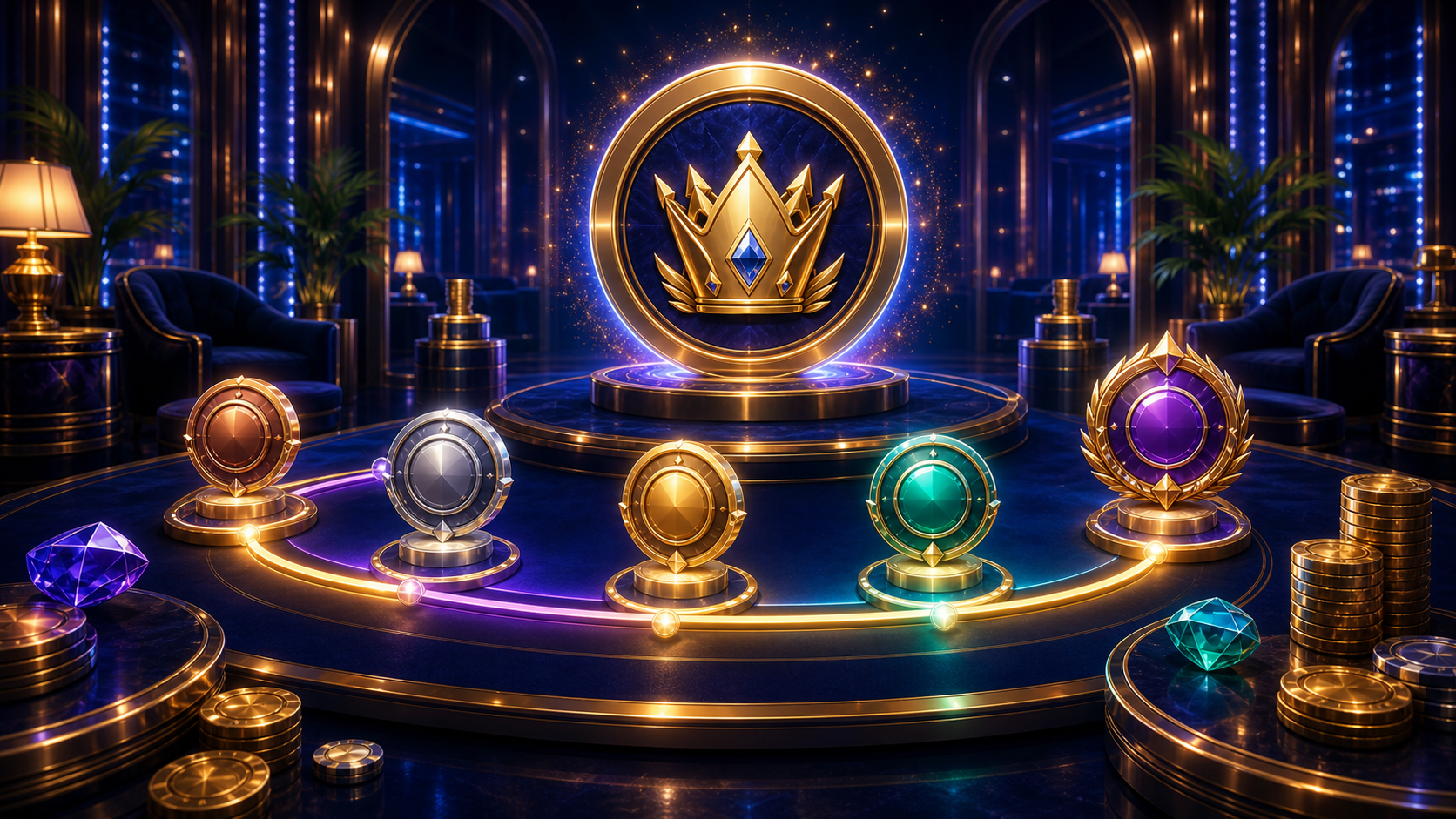 Luxury loyalty lounge with glowing status path and blank medallions